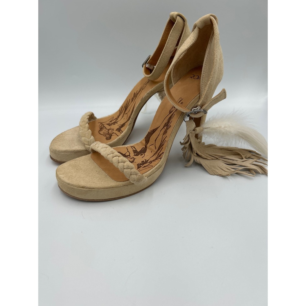 Romp‎ London Tan Suede Fringe Feather Platform Sandals Size 40 Boho Pinup Heels